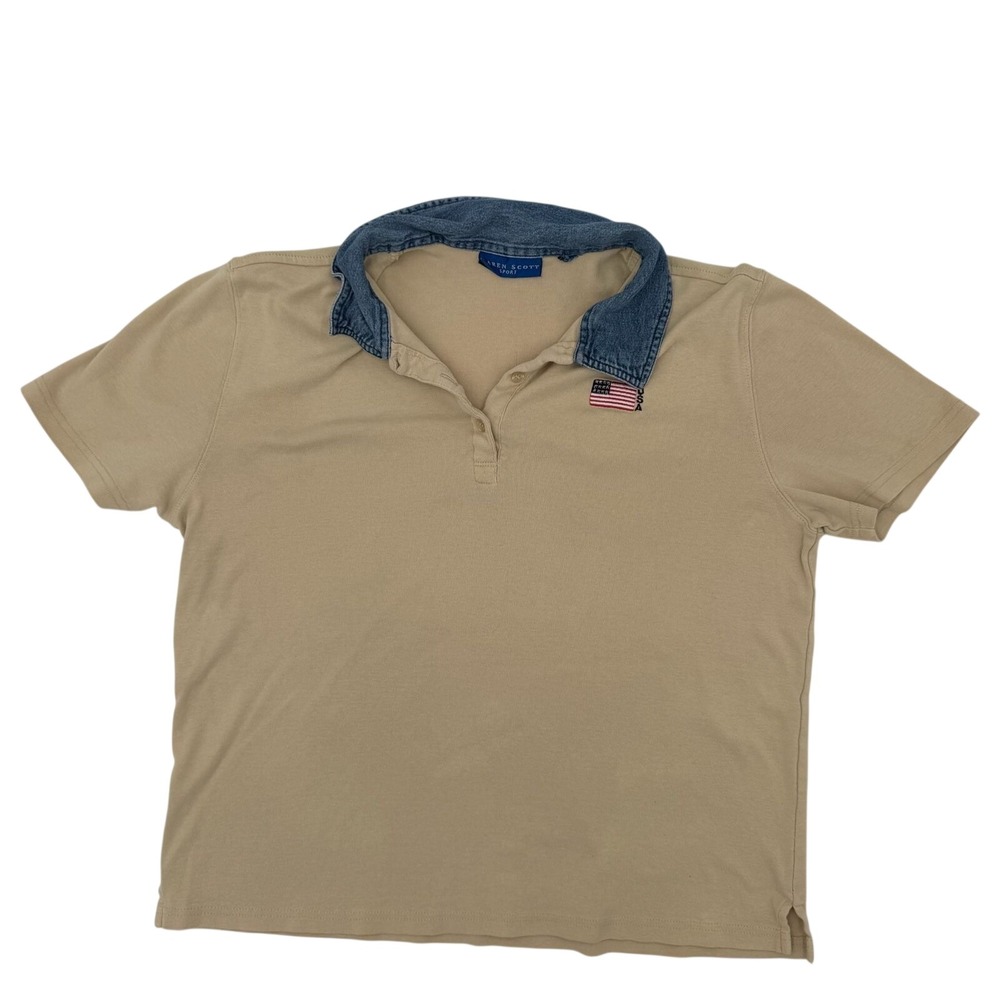 Karen Scott Sport Womens Tan Polo Shirt Denim Collar USA Flag Embroidered Top